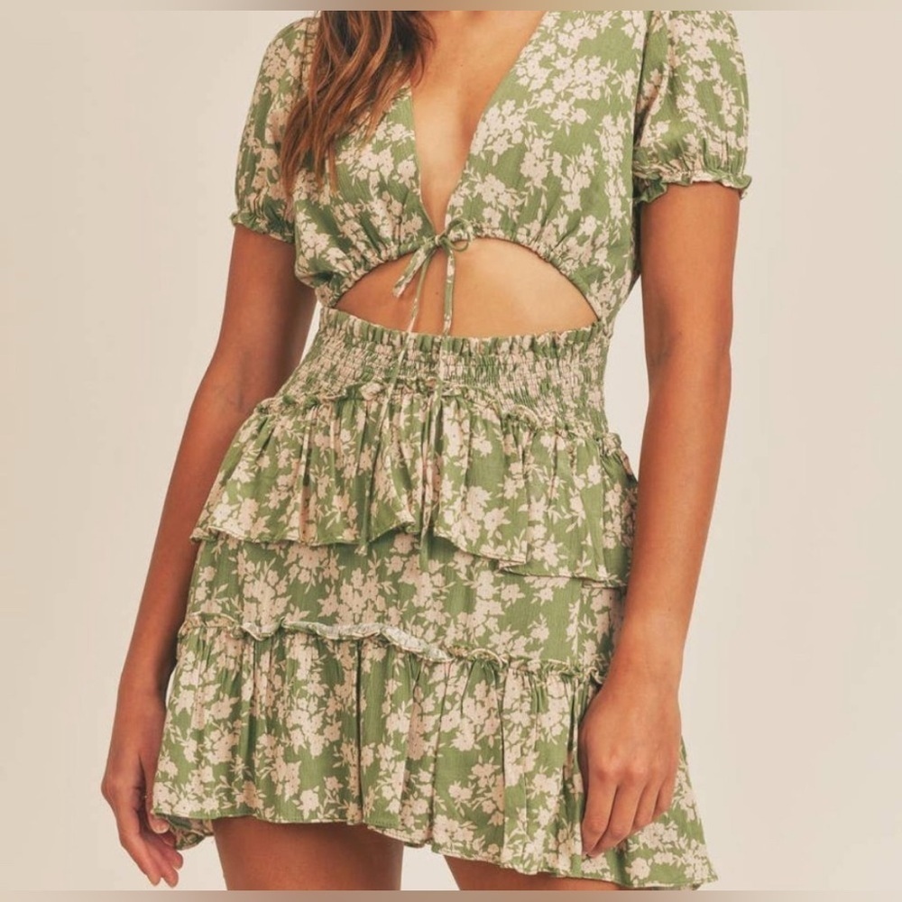 MABLE Green & Cream Floral Cutout Mini Dress L
